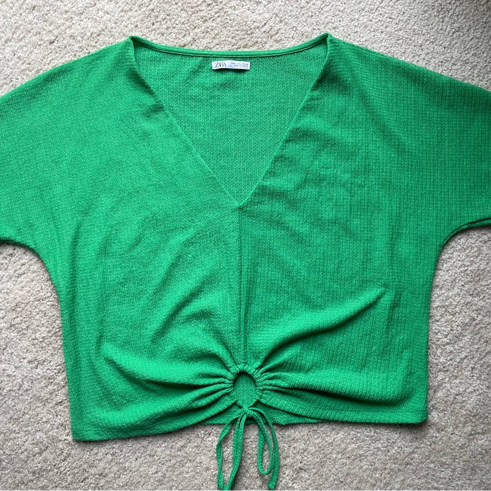 Zara Bright Green V-Neck Cinch Front Crop Top